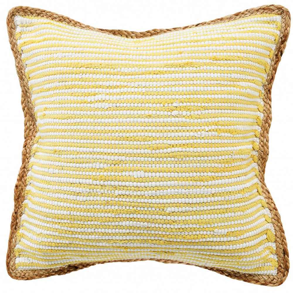 20" X 20" Golden Yellow, White And Tan 100% Cotton Striped Zippered Pillow