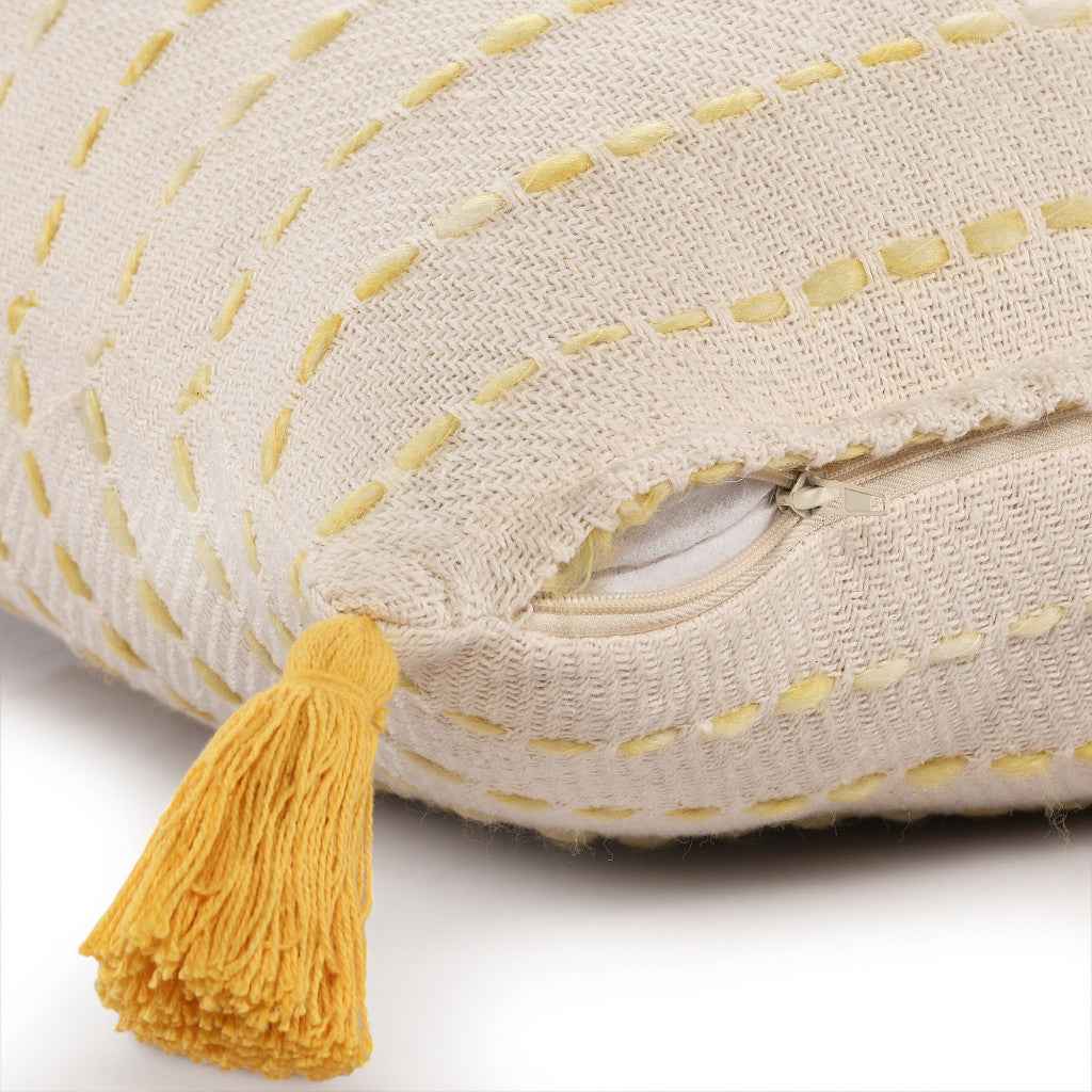 20" X 20" Golden Yellow And Ivory 100% Cotton Striped Zippered Pillow
