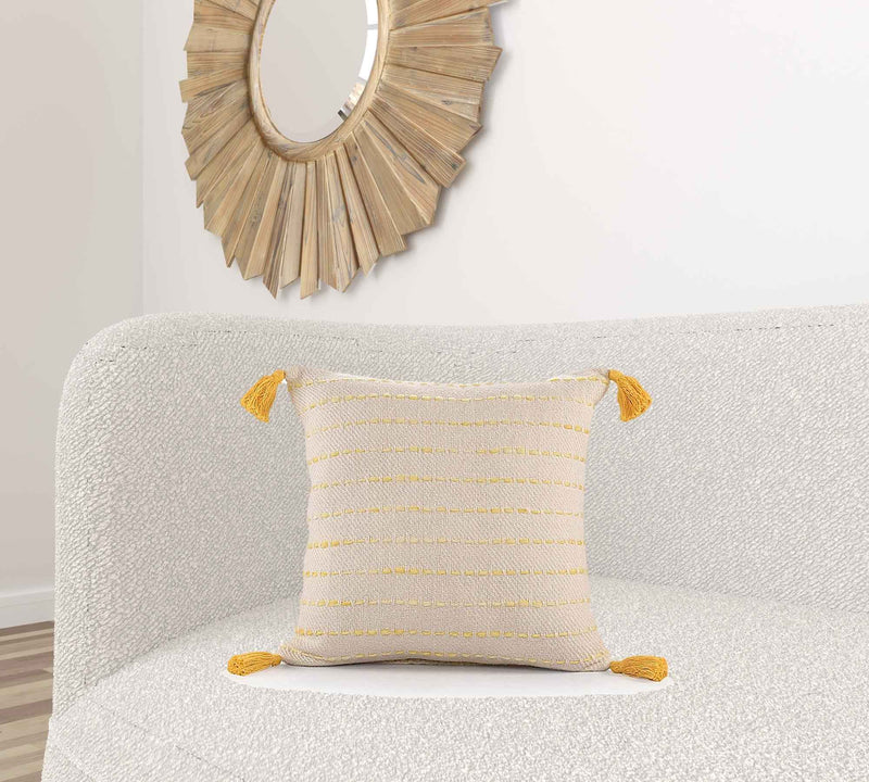 20" X 20" Golden Yellow And Ivory 100% Cotton Striped Zippered Pillow
