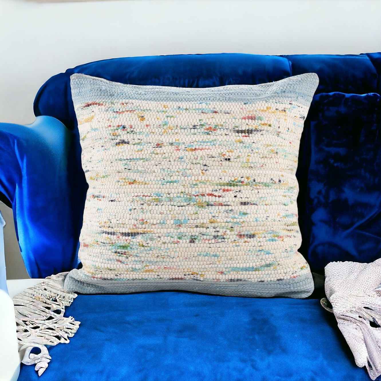 20" X 20" Blue and Off White Abstract Cotton Pillow