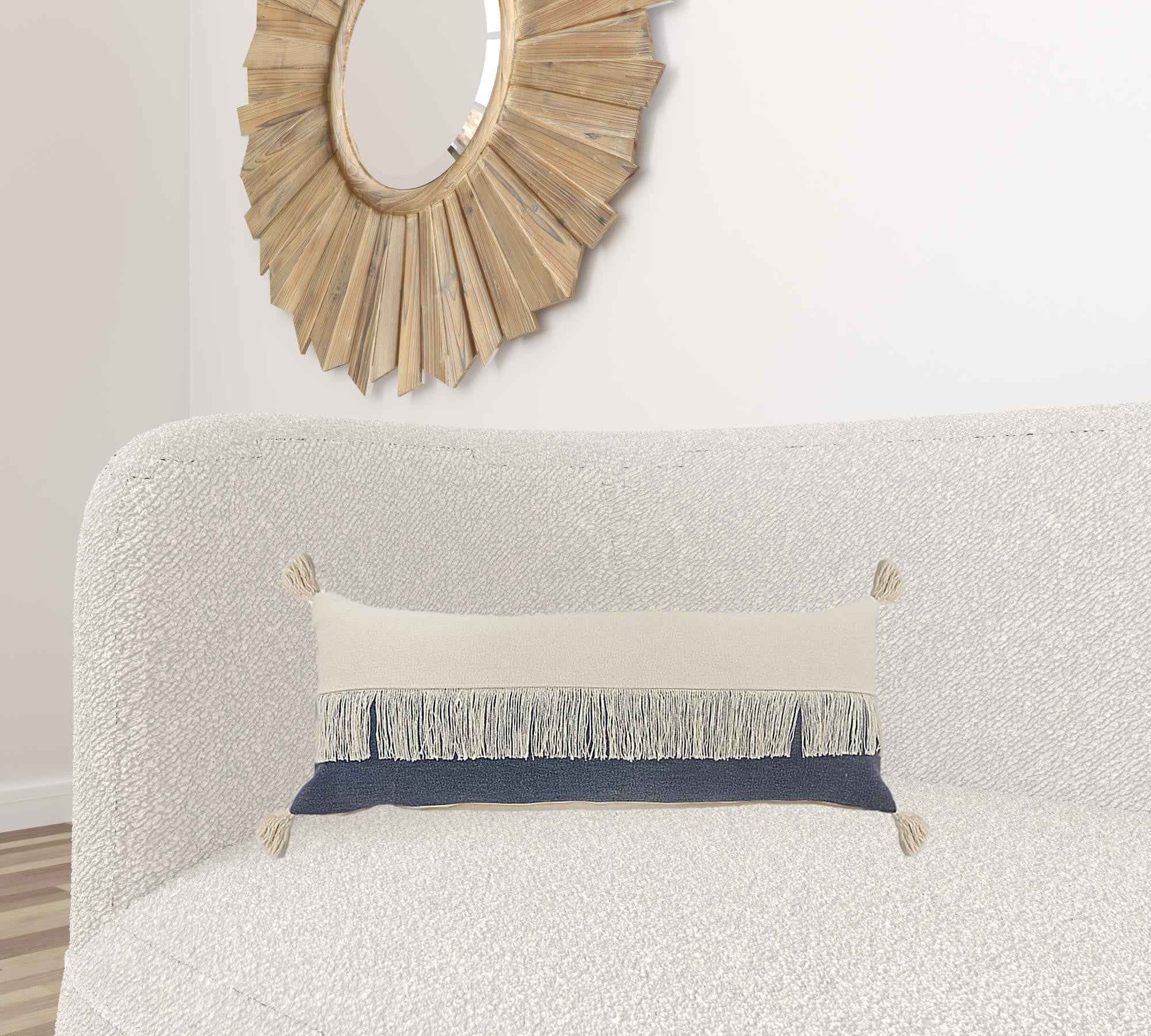 14" X 36" Denim Blue And Off-White 100% Cotton Zippered Pillow