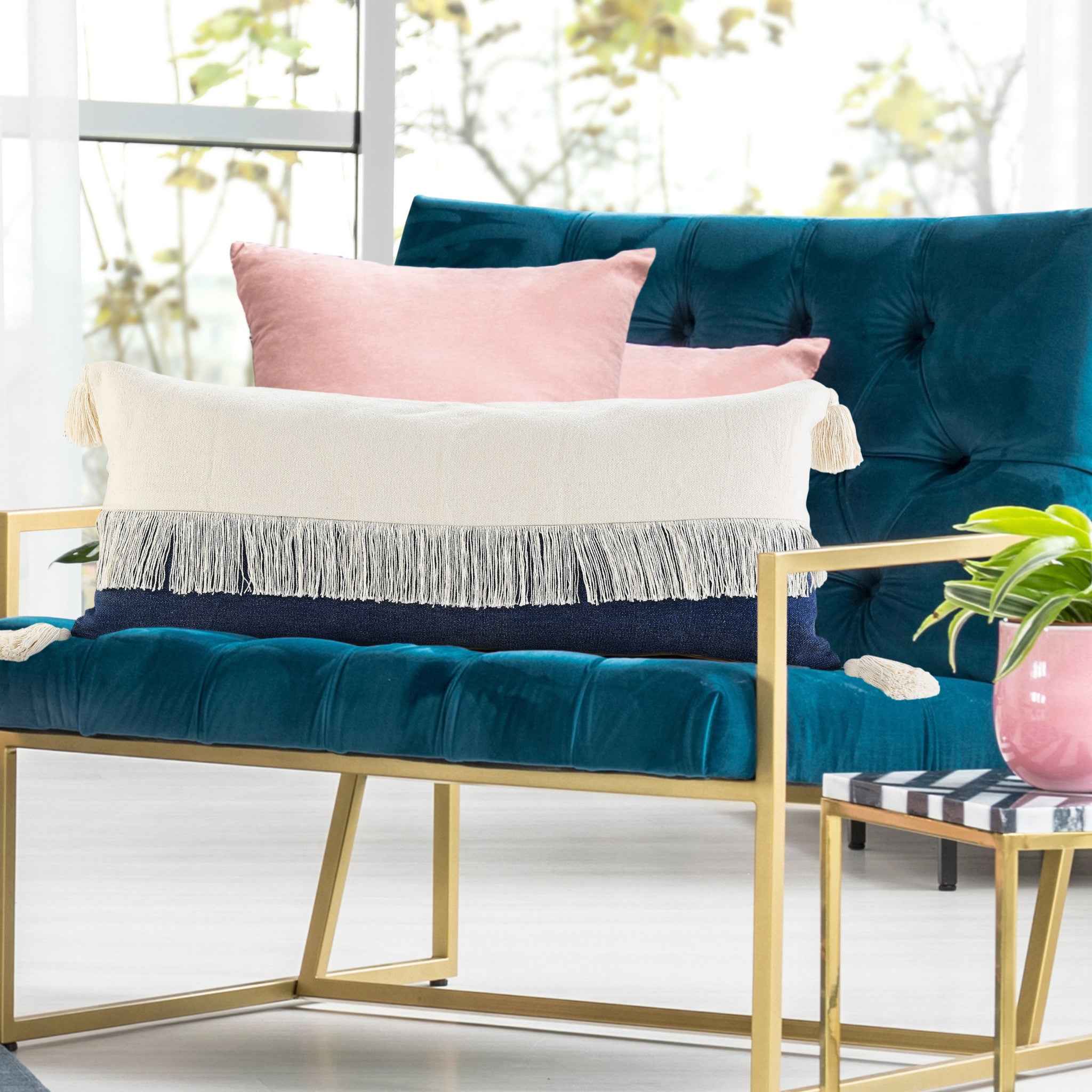 14" X 36" Denim Blue And Off-White 100% Cotton Zippered Pillow