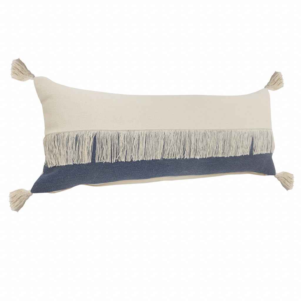 14" X 36" Denim Blue And Off-White 100% Cotton Zippered Pillow