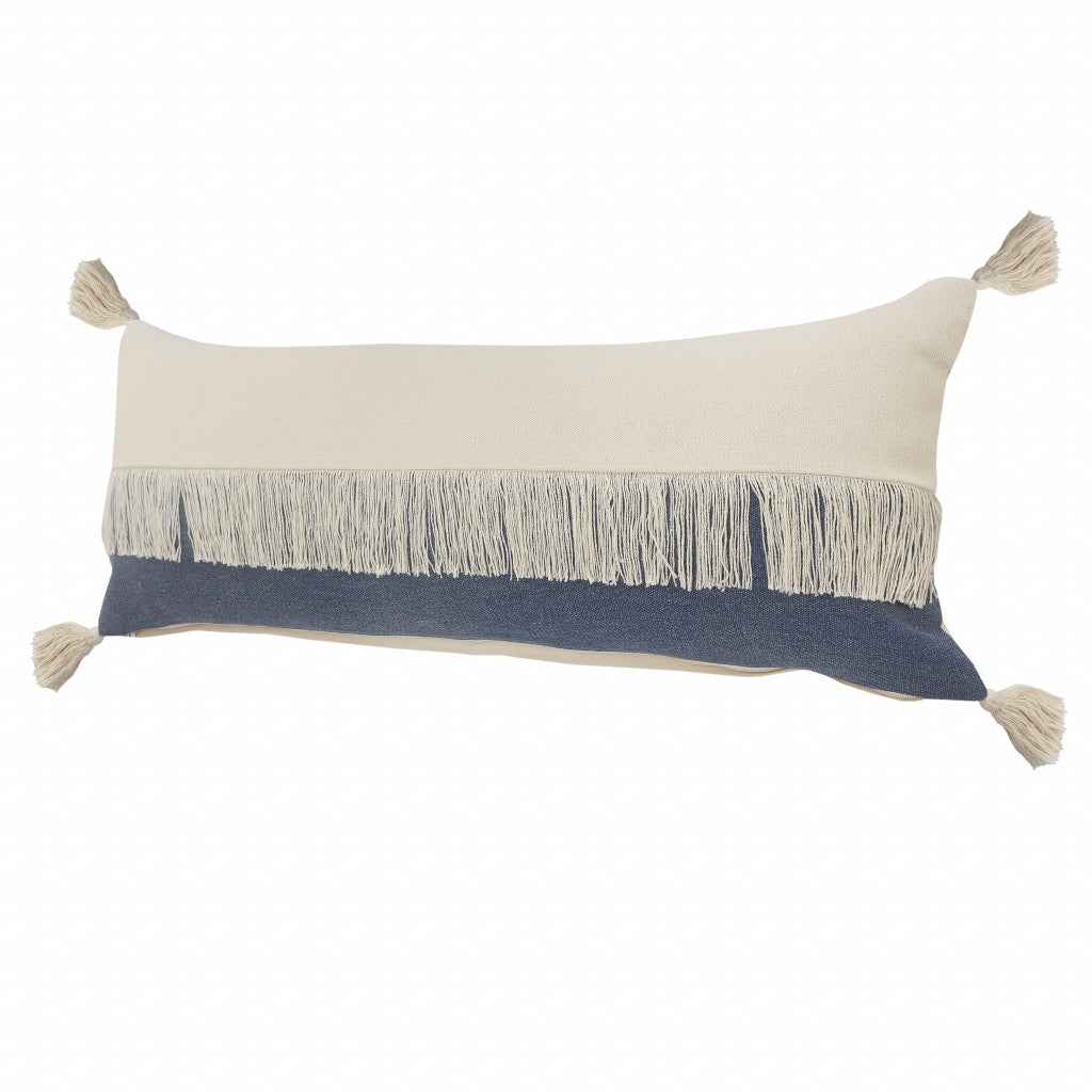 14" X 36" Denim Blue And Off-White 100% Cotton Zippered Pillow