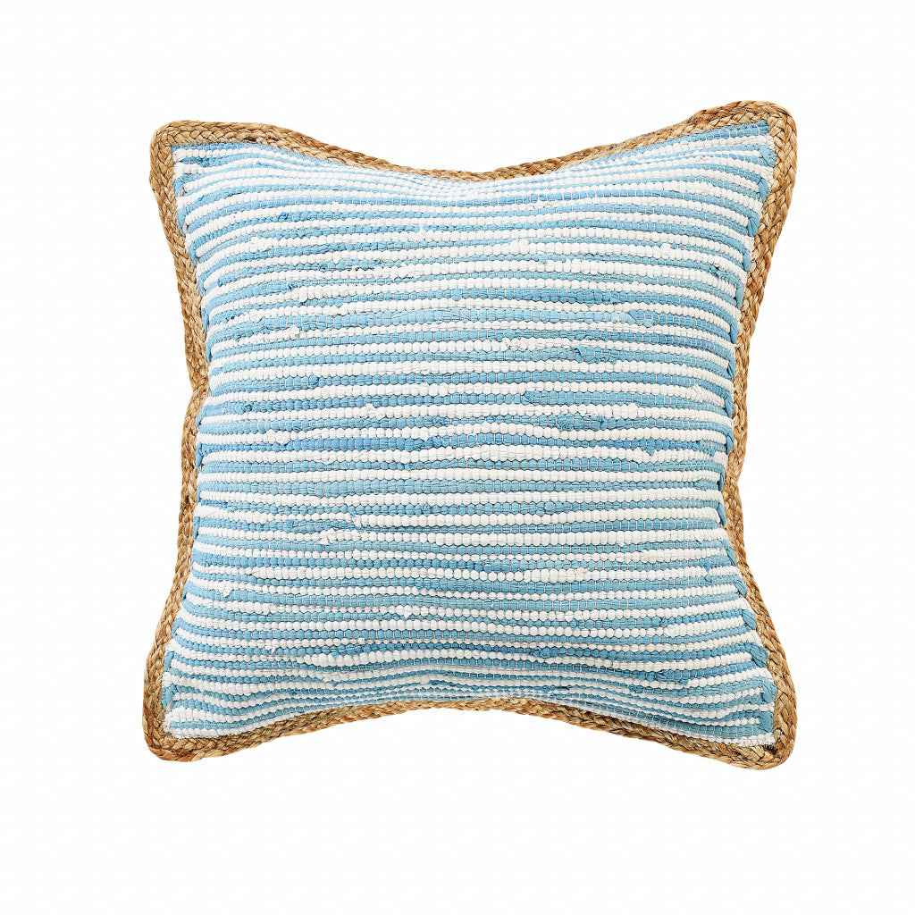 20" X 20" Air Blue White And Tan 100% Cotton Striped Zippered Pillow