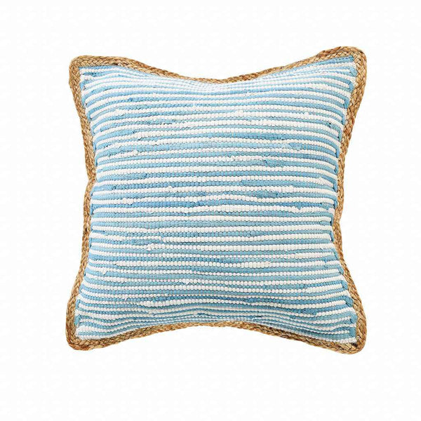 20" X 20" Air Blue White And Tan 100% Cotton Striped Zippered Pillow