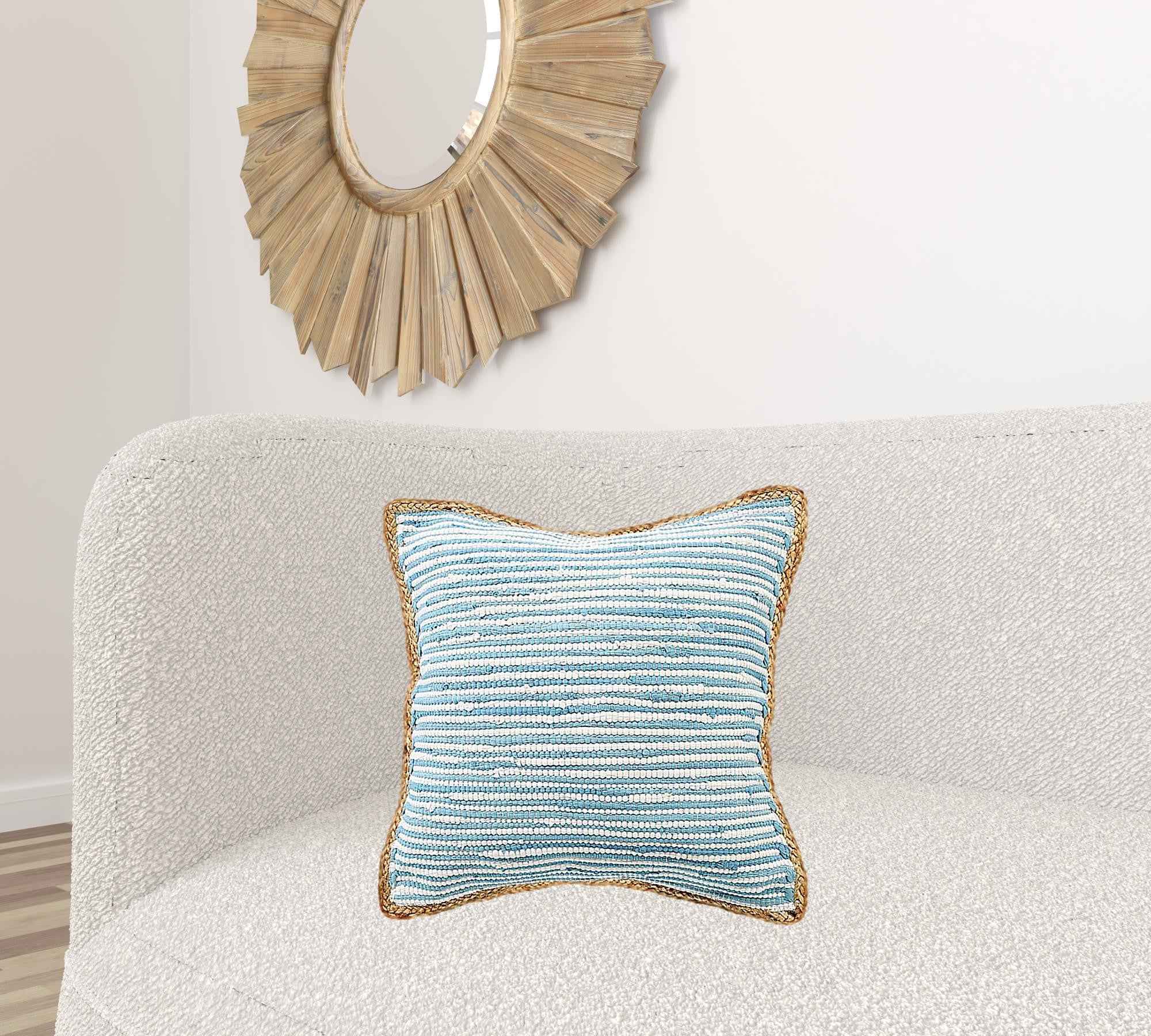 20" X 20" Air Blue White And Tan 100% Cotton Striped Zippered Pillow