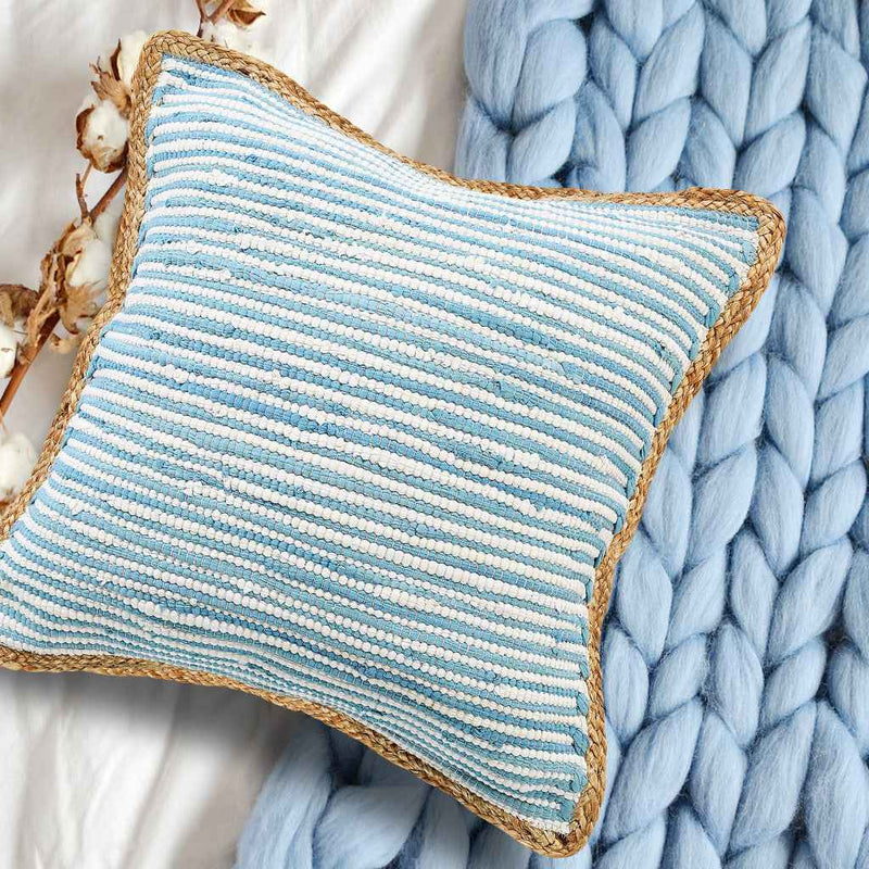 20" X 20" Air Blue White And Tan 100% Cotton Striped Zippered Pillow