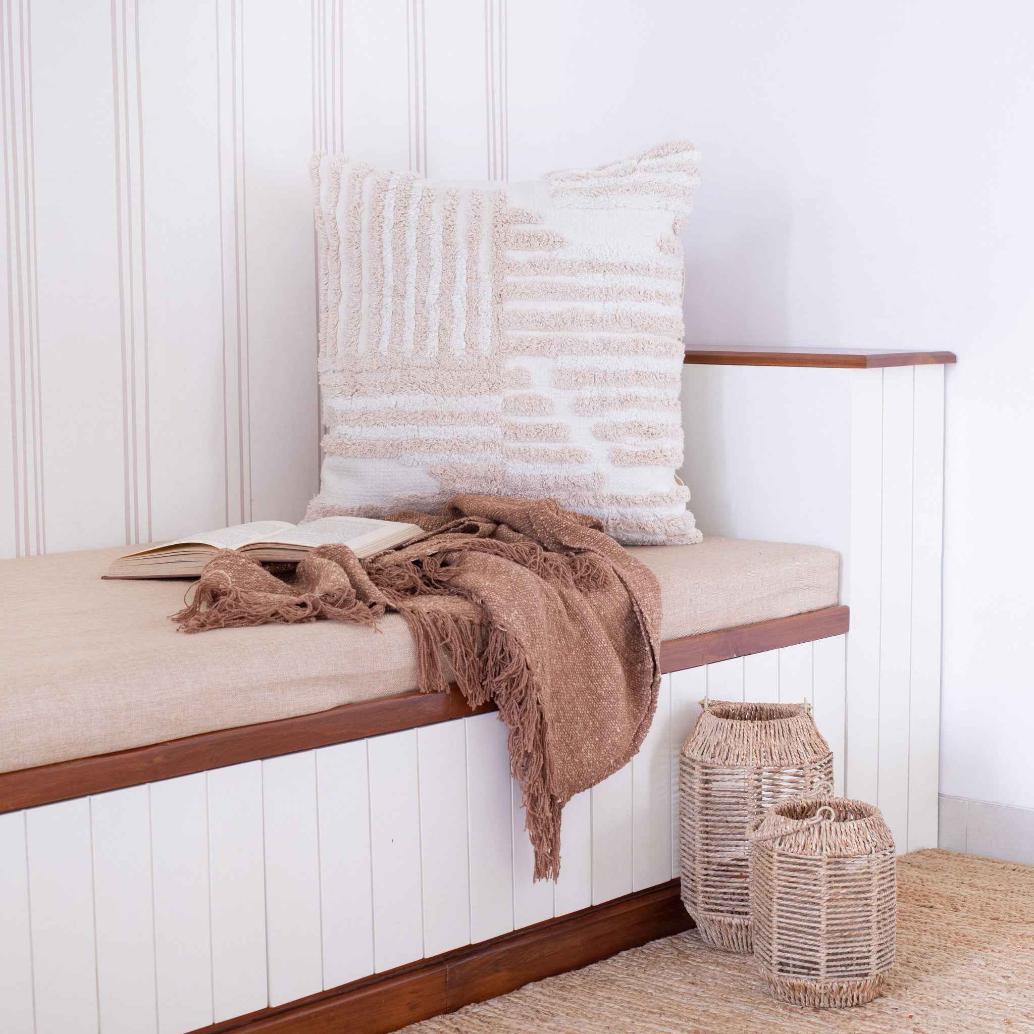 22" X 22" Cream And White 100% Cotton Striped Zippered Pillow