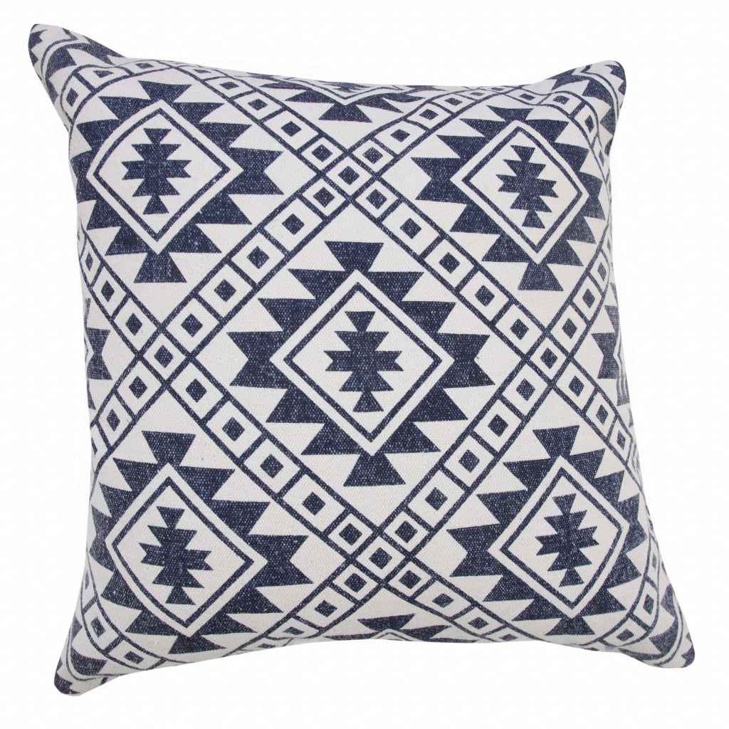 20" X 20" Navy And White 100% Cotton Geometric Zippered Pillow