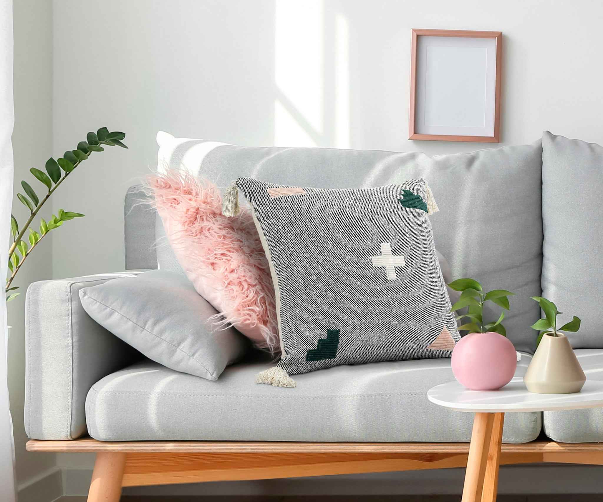 20" X 20" Black Off-White Pink And Green 100% Cotton Geometric Zippered Pillow