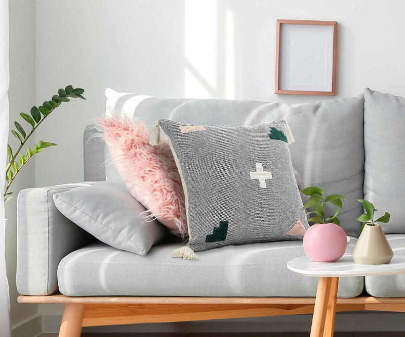 20" X 20" Black Off-White Pink And Green 100% Cotton Geometric Zippered Pillow