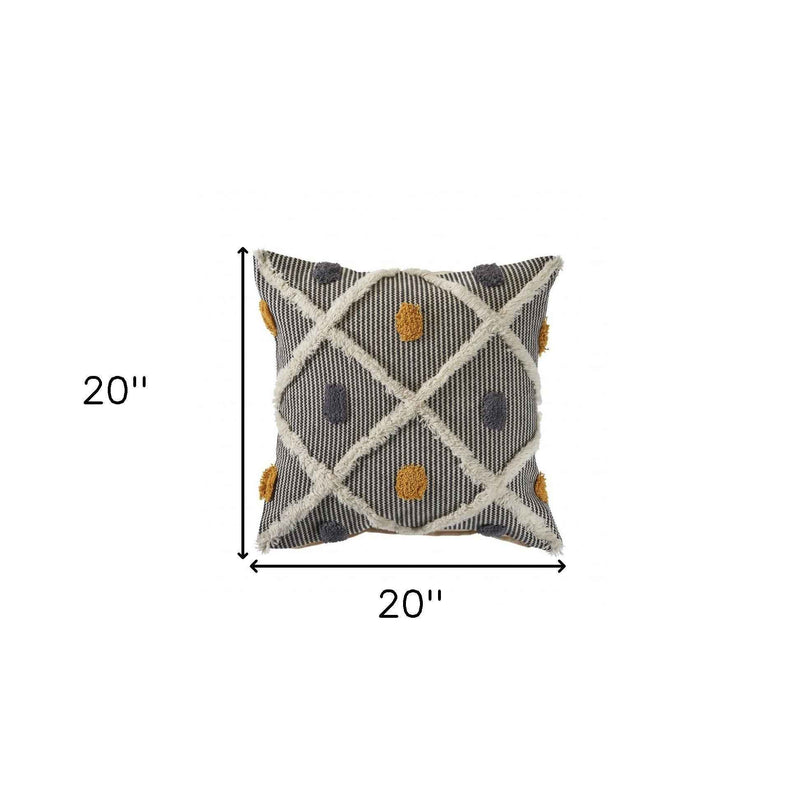 20" X 20" Black Gray Yellow And Off-White 100% Cotton Geometric Zippered Pillow