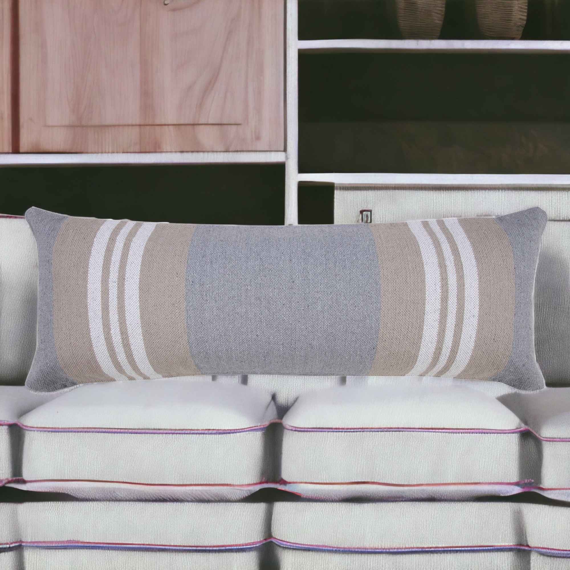 14" X 36" Beige and Gray Striped Cotton Zippered Pillow