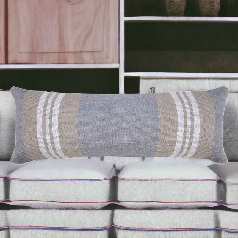 14" X 36" Beige and Gray Striped Cotton Zippered Pillow