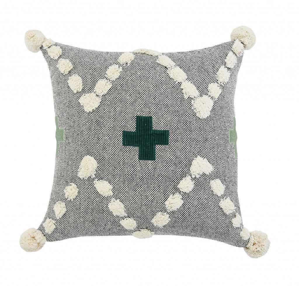 20" X 20" Black Off-White And Green 100% Cotton Geometric Zippered Pillow