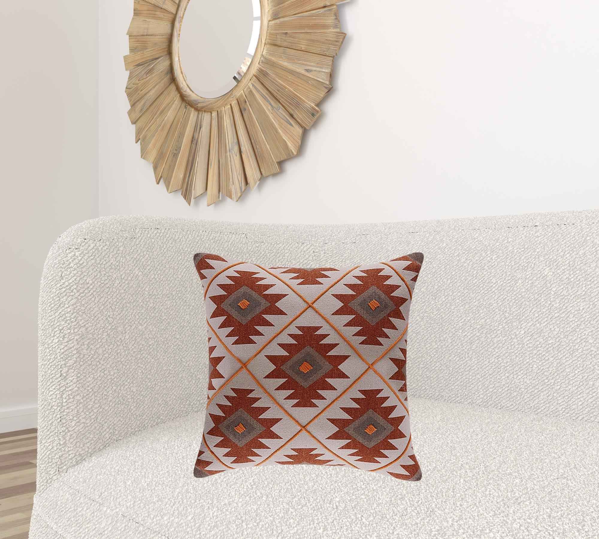 20" X 20" Rust And Off-White 100% Cotton Geometric Zippered Pillow