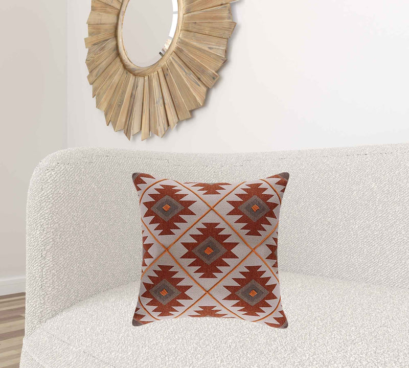 20" X 20" Rust And Off-White 100% Cotton Geometric Zippered Pillow