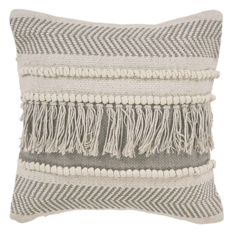 20" X 20" Beige and Ivory Chevron Cotton Zippered Pillow With Fringe