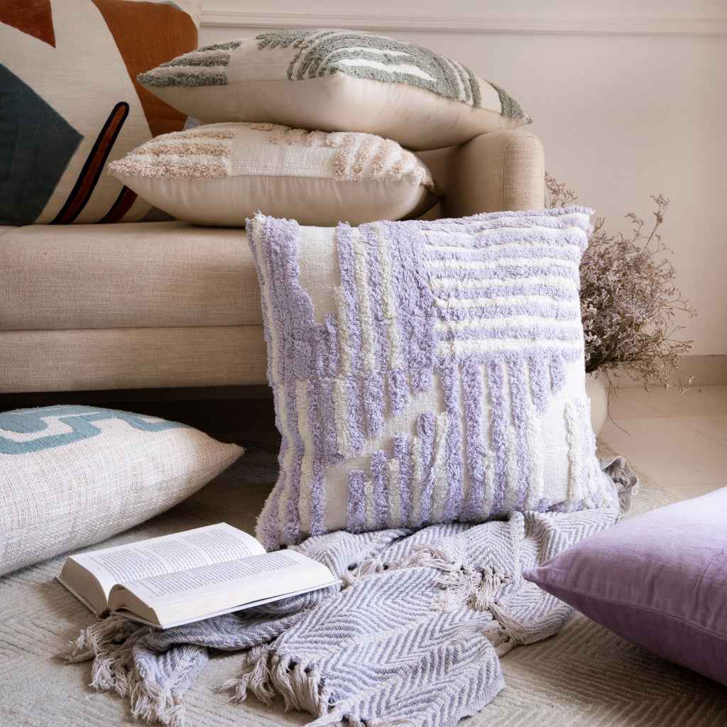 22" X 22" Purple And White 100% Cotton Striped Zippered Pillow