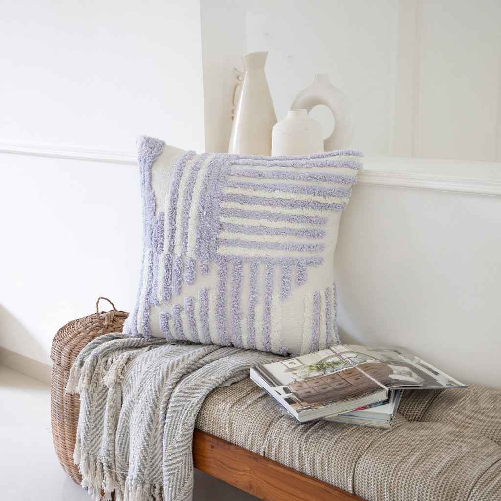 22" X 22" Purple And White 100% Cotton Striped Zippered Pillow
