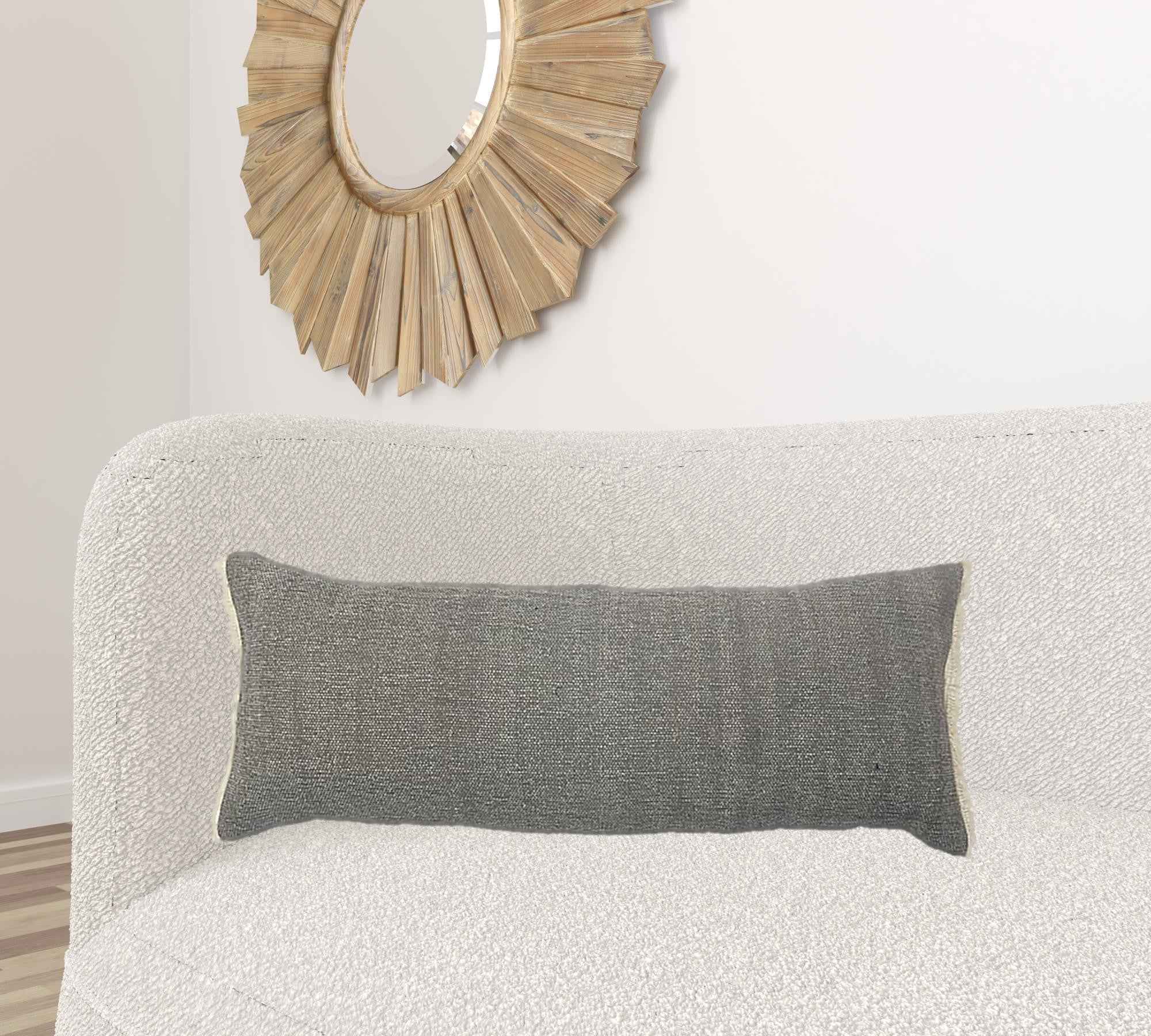 14" X 36" Gray And Off-White 100% Cotton Zippered Pillow