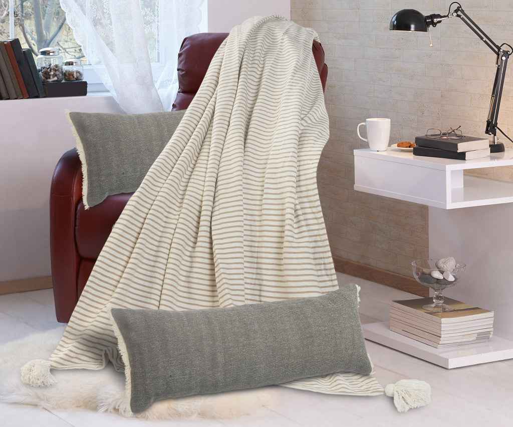 14" X 36" Gray And Off-White 100% Cotton Zippered Pillow