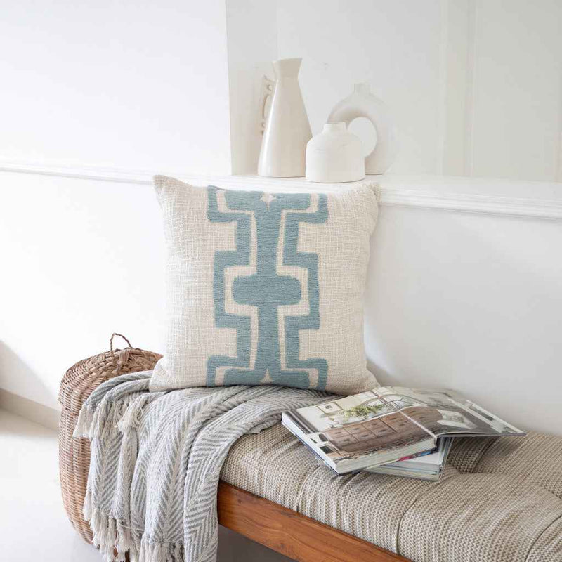 20" X 20" Ocean Blue And Ivory 100% Cotton Geometric Zippered Pillow