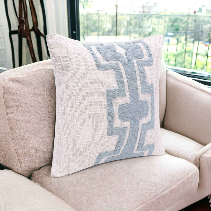 20" X 20" Ocean Blue And Ivory 100% Cotton Geometric Zippered Pillow