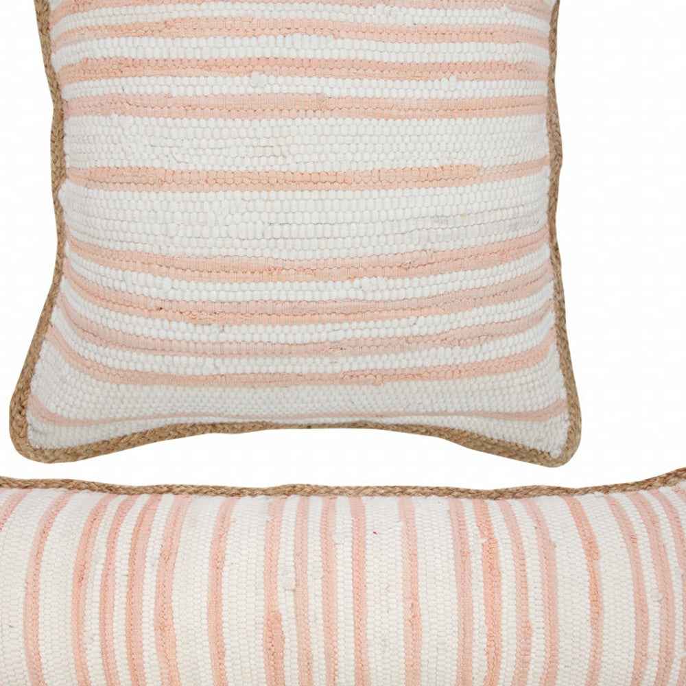 20" X 20" Coral Pink White And Tan 100% Cotton Striped Zippered Pillow