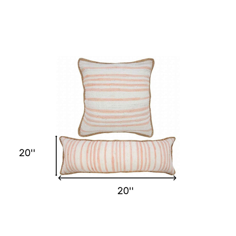 20" X 20" Coral Pink White And Tan 100% Cotton Striped Zippered Pillow