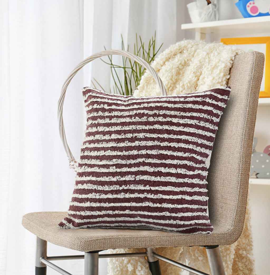 20" X 20" Maroon And Cream 100% Cotton Striped Zippered Pillow