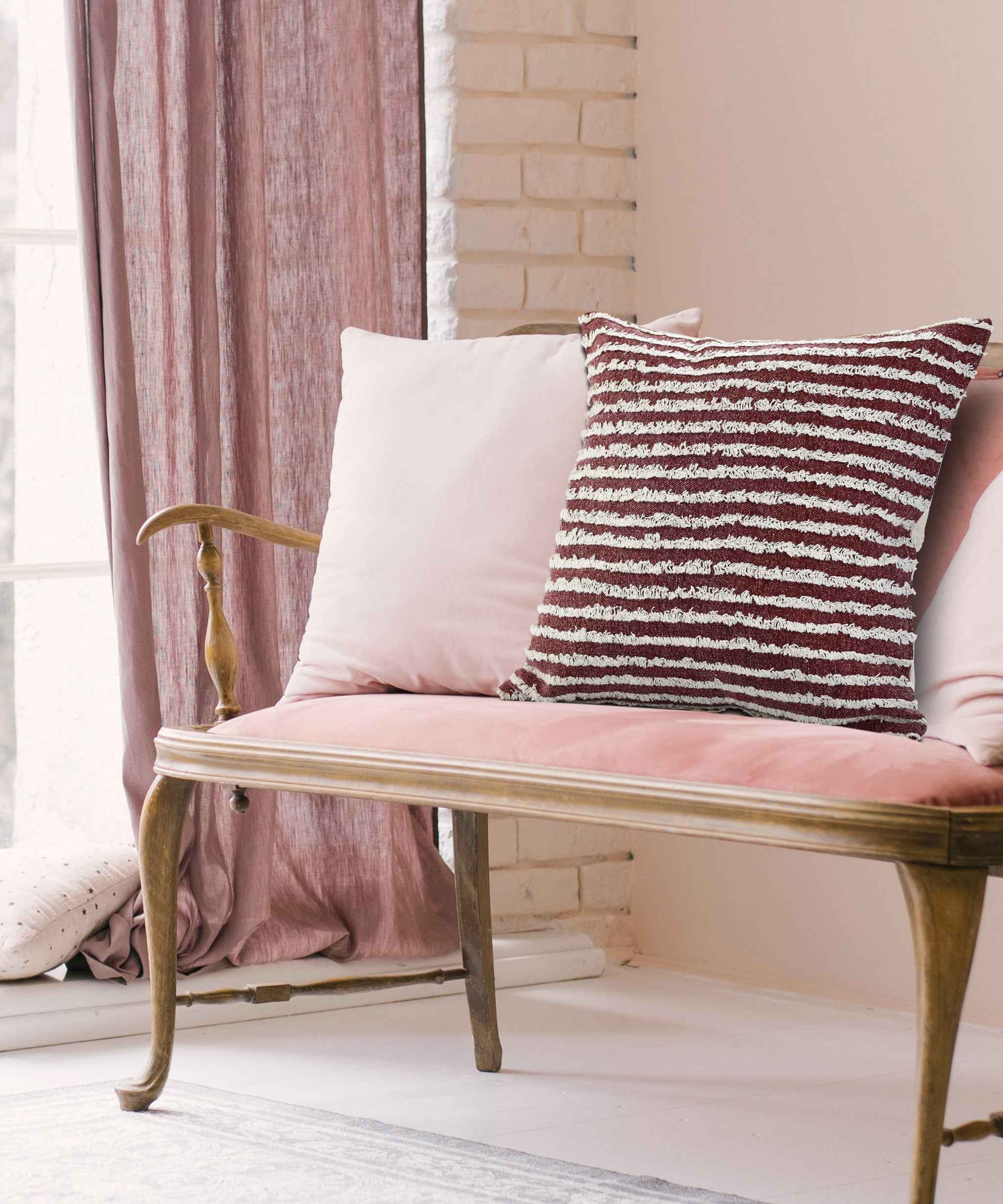 20" X 20" Maroon And Cream 100% Cotton Striped Zippered Pillow