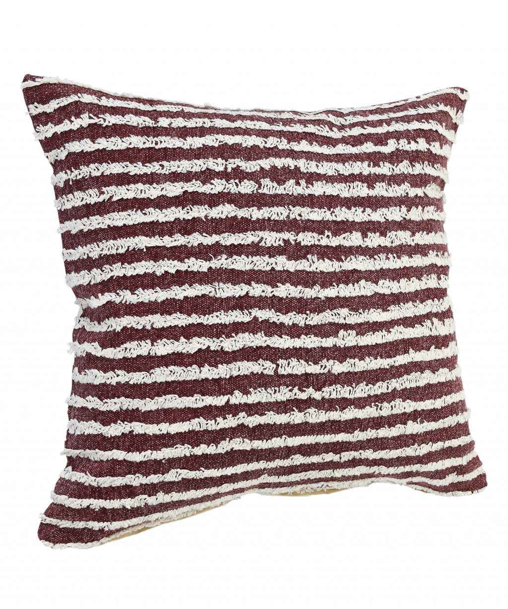 20" X 20" Maroon And Cream 100% Cotton Striped Zippered Pillow
