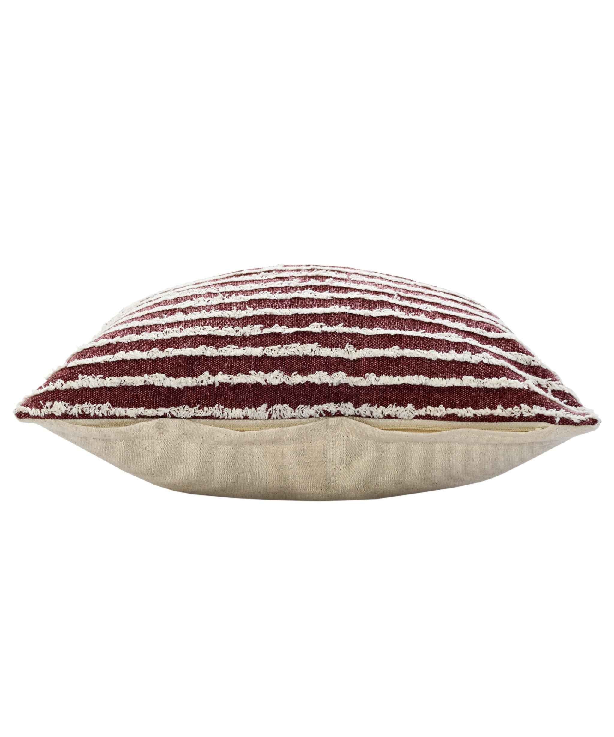 20" X 20" Maroon And Cream 100% Cotton Striped Zippered Pillow