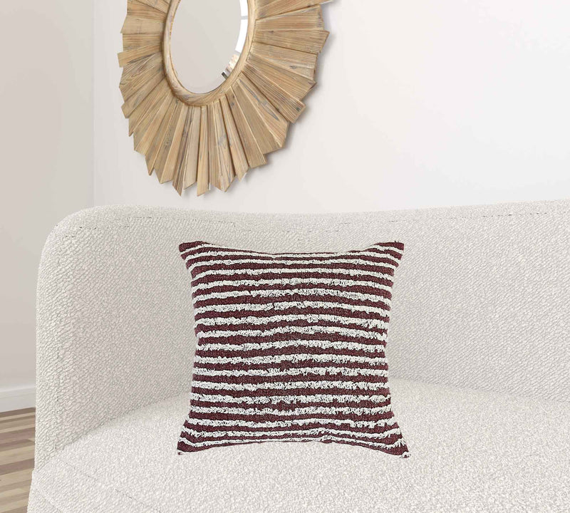 20" X 20" Maroon And Cream 100% Cotton Striped Zippered Pillow
