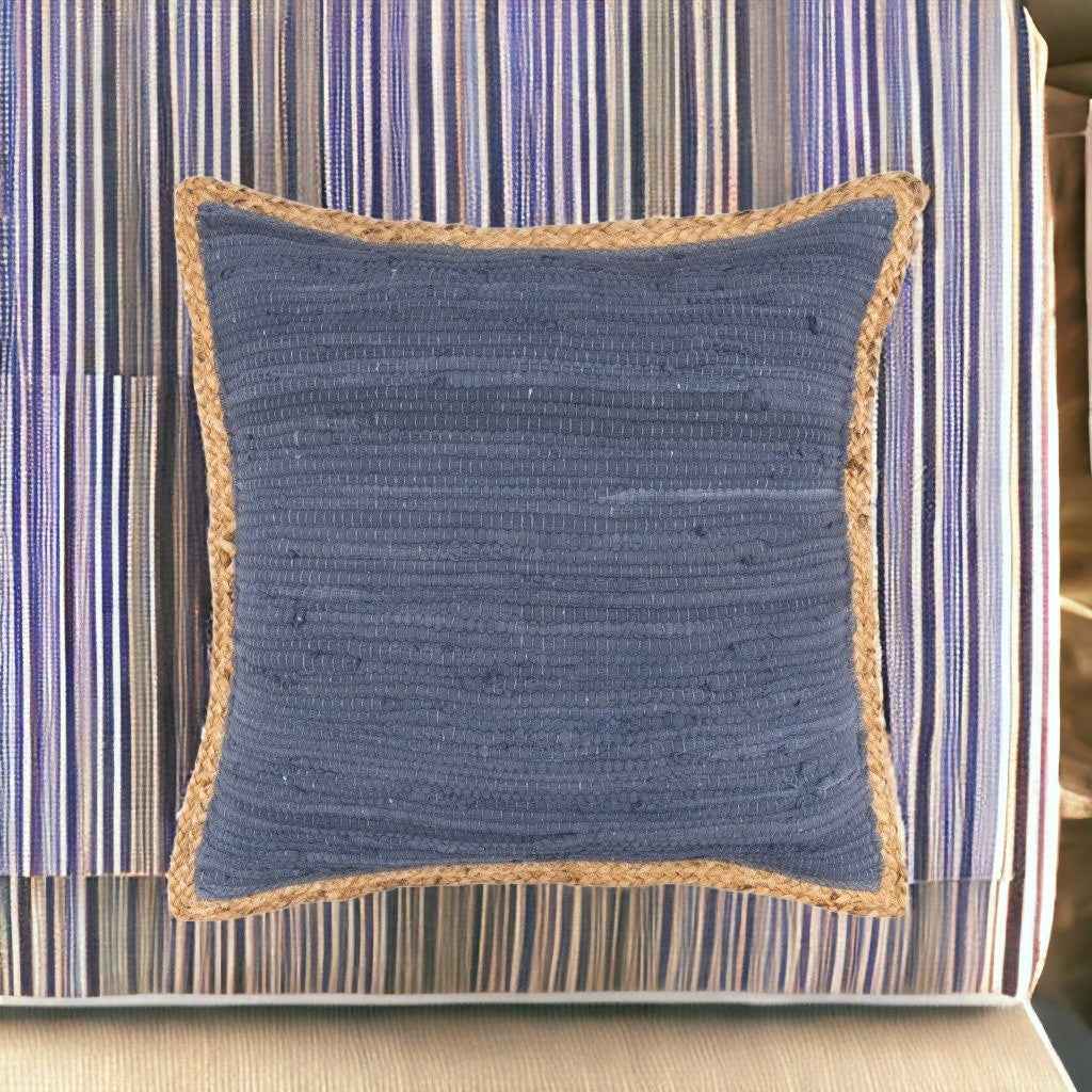 20" X 20" Blue and Beige Cotton Blend Zippered Pillow