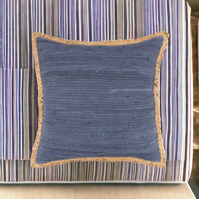 20" X 20" Blue and Beige Cotton Blend Zippered Pillow