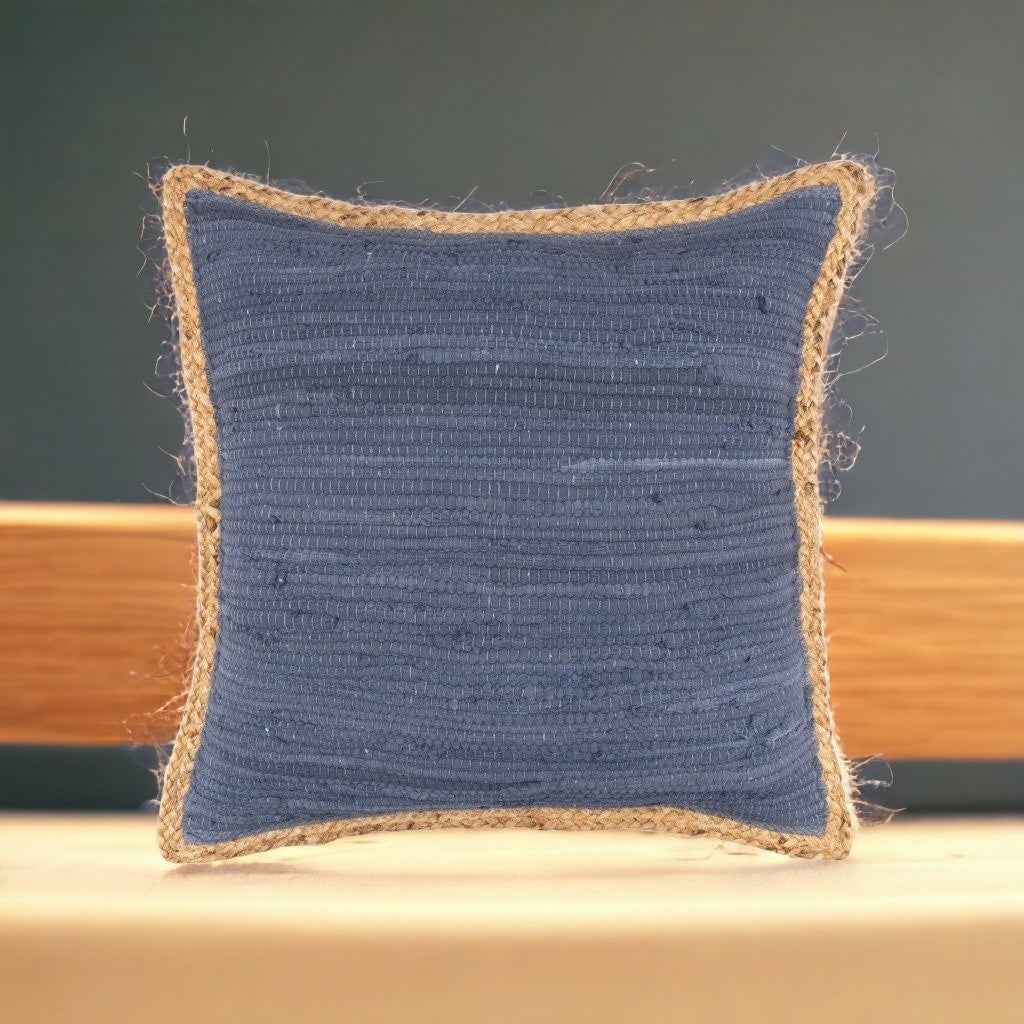 20" X 20" Blue and Beige Cotton Blend Zippered Pillow