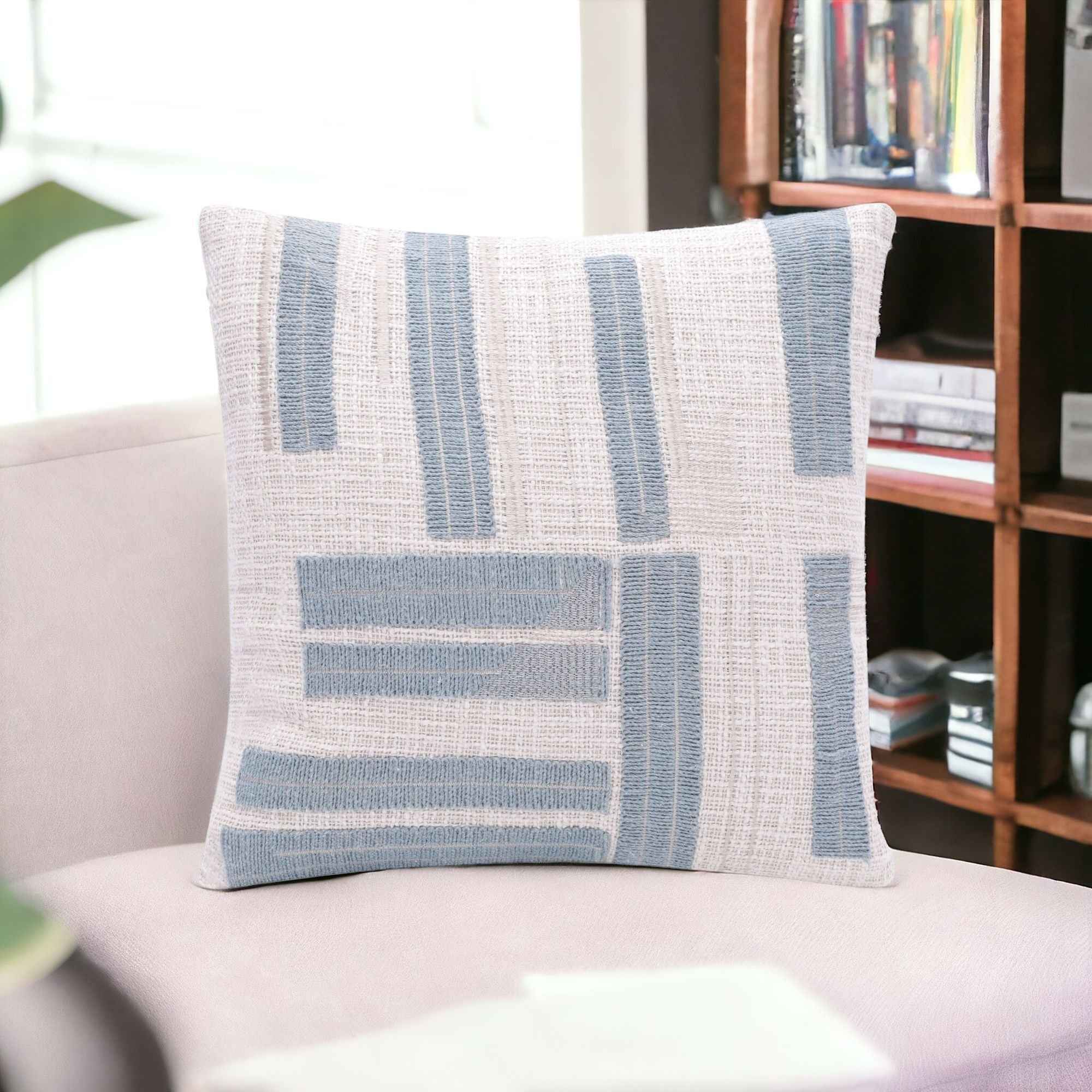 20" X 20" Ocean Blue And Ivory 100% Cotton Striped Zippered Pillow