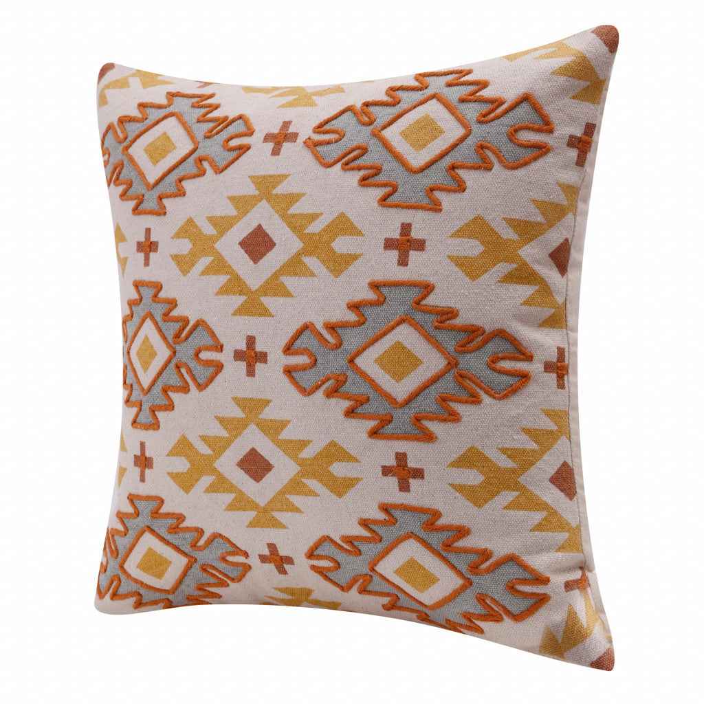 20" X 20" Yellow And Rust 100% Cotton Geometric Zippered Pillow