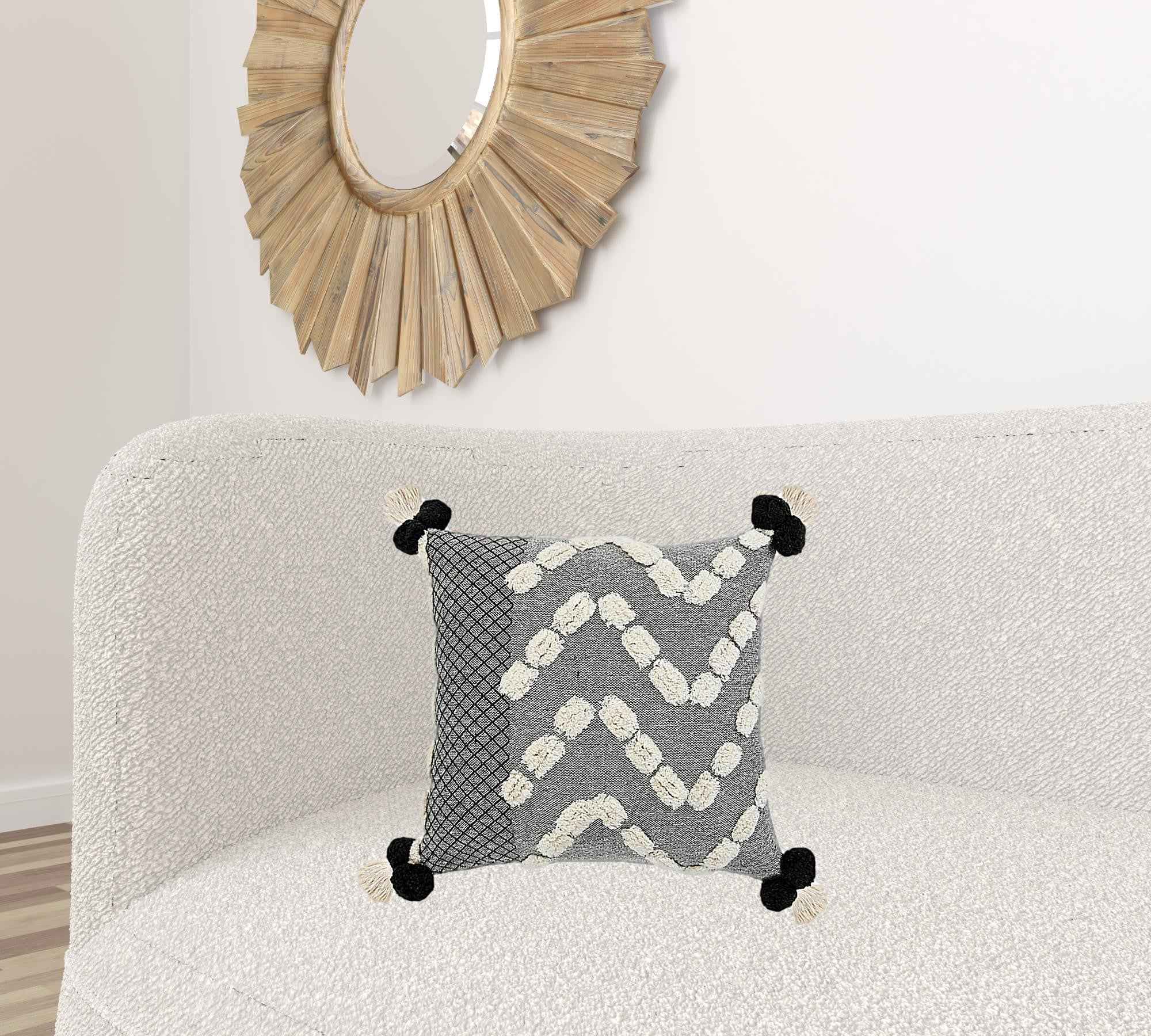 20" X 20" Black Gray And Cream 100% Cotton Geometric Zippered Pillow