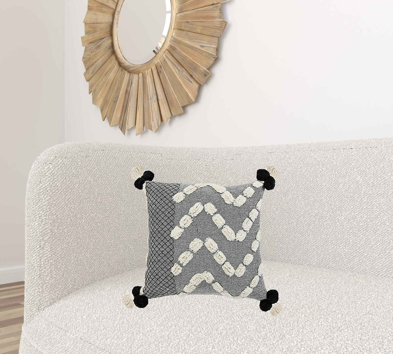 20" X 20" Black Gray And Cream 100% Cotton Geometric Zippered Pillow