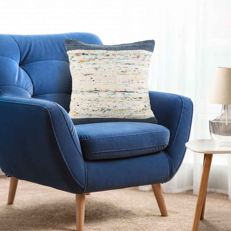 20" X 20" Blue And Off-White 100% Cotton Abstract Zippered Pillow