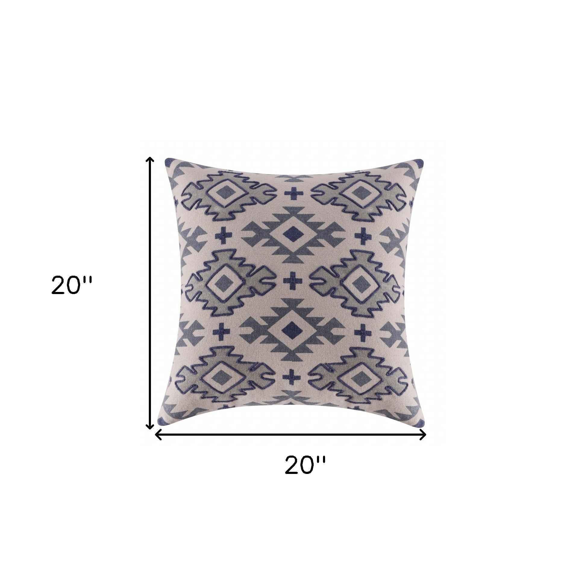 20" X 20" Blue And Gray 100% Cotton Geometric Zippered Pillow