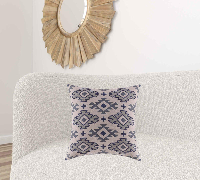20" X 20" Blue And Gray 100% Cotton Geometric Zippered Pillow