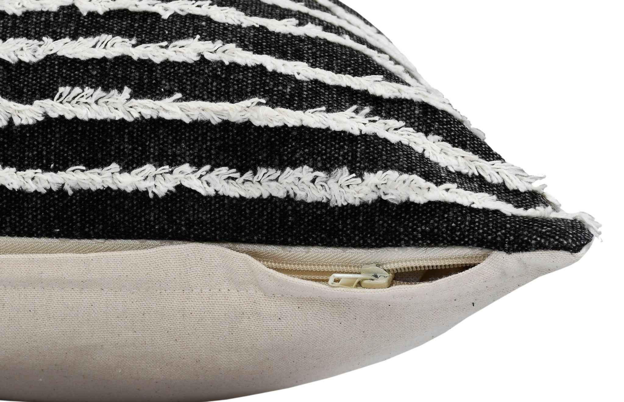 20" X 20" Black And Cream 100% Cotton Striped Zippered Pillow
