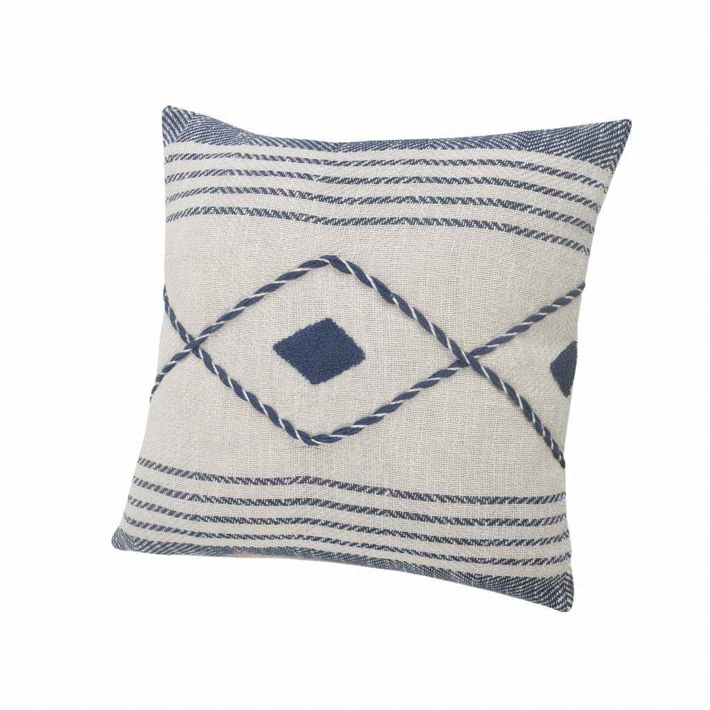 20" X 20" Blue And White 100% Cotton Coastal Zippered Pillow