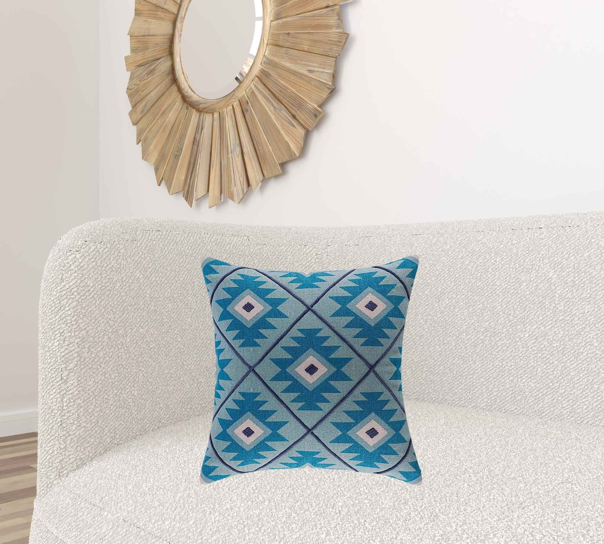 20" X 20" Blue And White 100% Cotton Geometric Zippered Pillow