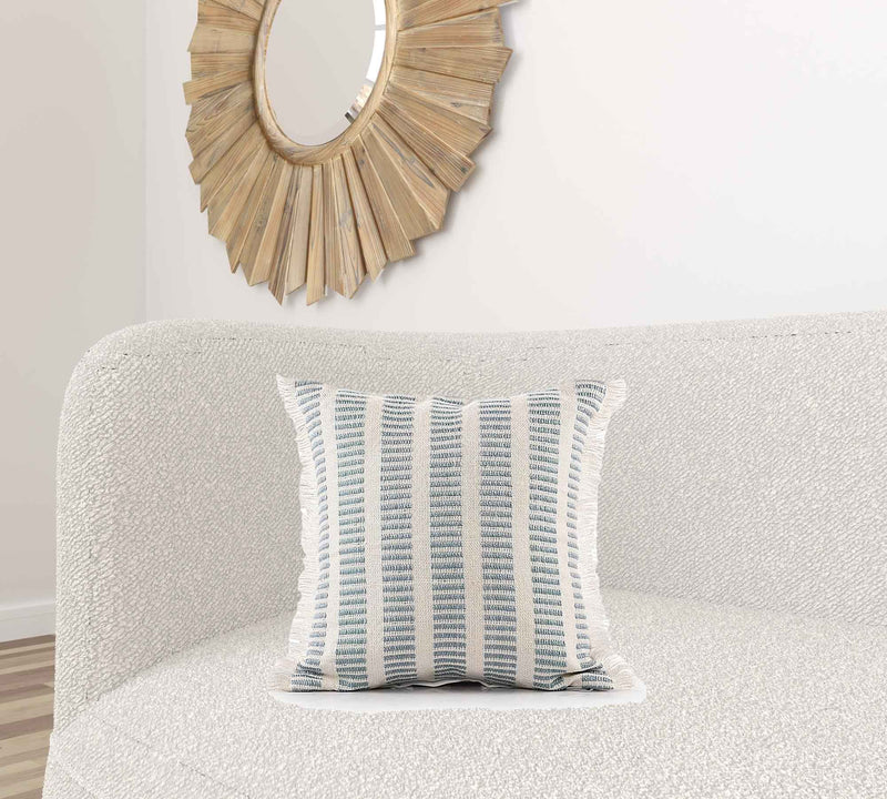 20" X 20" Medium Blue And Ivory Polyester Striped Zippered Pillow